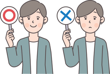 マルとバツの札を持つビジネスパーソン2