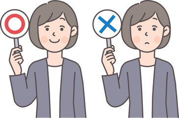 マルとバツの札を持つビジネスパーソン1