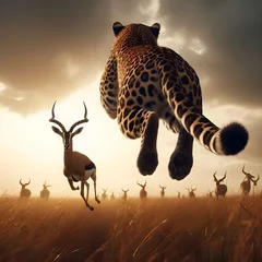 Fotobehang Back low angle view of leopard leaping towards antelope in African savannah, animal predator prey action concept © palangsi