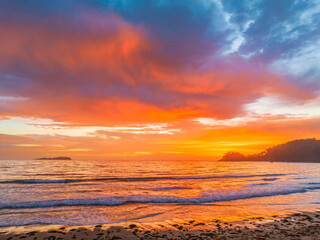 Summer Sunrise Seascape with Rain Clouds - obrazy, fototapety, plakaty