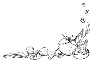 Hand drawn vector ink illustration. Tomato pepperoni olive basil herb leaves fresh products meal. Corner frame isolated on white. Design for restaurant, menu, cafe, food shop or package, flyer, print.