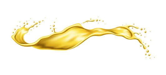 Yellow beer, oil or juice splash. Realistic liquid wave flow or spill with falling drops of vector 3d beer drink, cooking oil or honey, engine lubricant, fuel or petrol. Isolated gold liquid splash