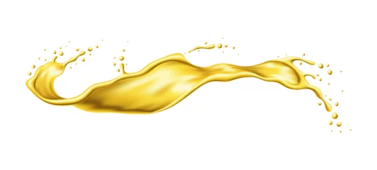 Foto op Plexiglas Yellow beer, oil or juice splash. Realistic liquid wave flow or spill with falling drops of vector 3d beer drink, cooking oil or honey, engine lubricant, fuel or petrol. Isolated gold liquid splash © Buch&Bee