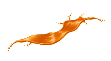 Fotobehang Caramel sauce, syrup wave splash. Isolated realistic 3d vector brown melt toffee stream with splatters. Sweet, golden, liquid candy swirl, splashing with droplets, dynamic motion for ads promo design © Buch&Bee