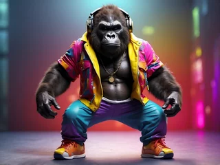 Fotobehang Colorful Funny Dancing Gorilla © ManMohan