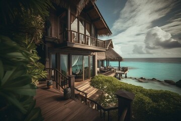 Opulent bungalow with ocean view in tropical Maldives. Generative AI