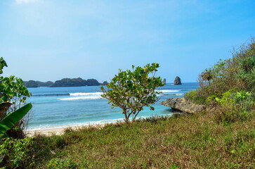 Scenic view of a tropical beach with turquoise water, waves, and vegetation on the coast under a...