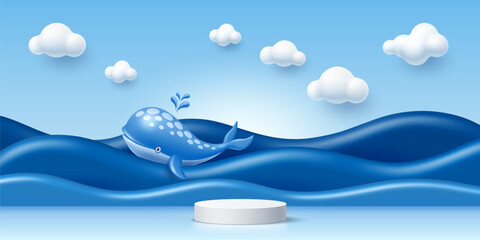 3D kid podium stage with blue sea waves, whale and white clouds, vector product display. Kids podium stand on background with cartoon toy whale on blue ocean waves with bubble balloon clouds © Buch&Bee
