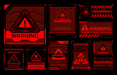 Red HUD warning, danger and alert attention frames. Vector set of interface caution signs, command focus on urgent situations, ensuring swift response and safety awareness, dangerous zone information