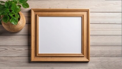 Brown wooden photo frame on wooden table with beautiful plants in different hipster and design pots, top view, nature Template