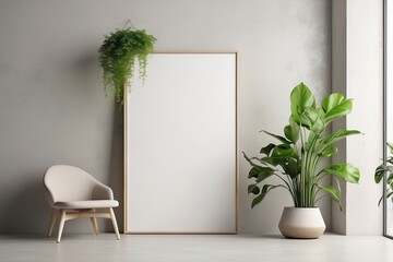 Blank template mockup of a brown poster photo frame, surrounded by different potted decorative plants. Scandinavian elegant modern house, vertical