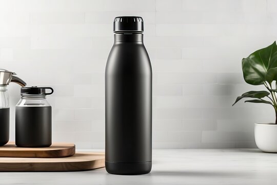 Black mockup tumbler with a simple and elegant style, on the kitchen table