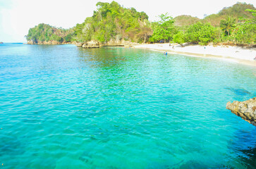 Tranquil turquoise waters meet a pristine white sand beach, framed by lush green tropical foliage.
