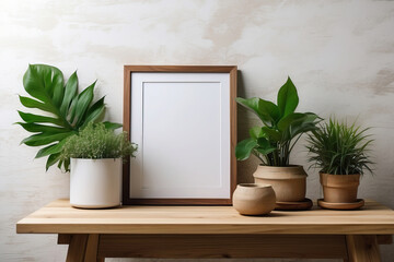 blank photo frame mockup on a wooden table surrounded by ornamental plants, natural atmosphere, suitable for photos, posters, art
