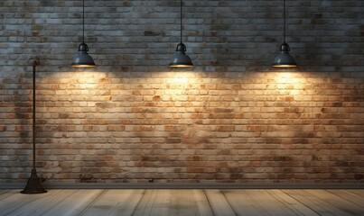 Brick wall wallpaper, concrete floor and 3d rendered backlight