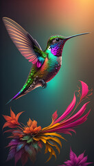 Fototapeta premium fliegender bunter Kolibri über einem buntem Ast