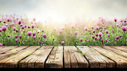 Spring season. Stacked wooden planks, front view against a background of green grass and purple flowers. - Powered by Adobe