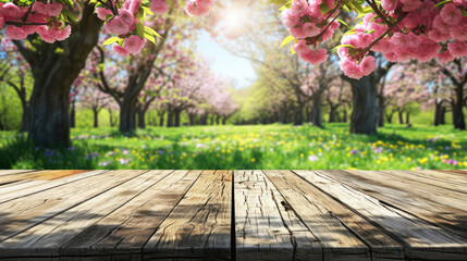 Naklejka na ściany i meble Folded wooden boards, front view against the backdrop of a spring blooming cherry orchard.