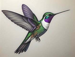 fliegender Kolibri mit lila Hals und weißer Brust - obrazy, fototapety, plakaty