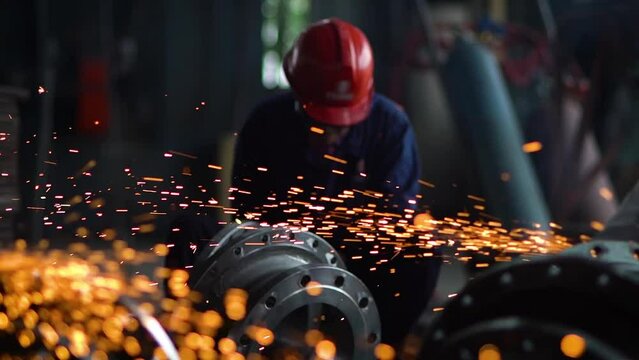 Close-up of sparks from grinding metal structures at a factory in China, factory worker grinds metal, bright golden sparks comes out