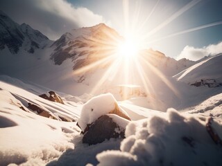 Sonniger verschneiter Berg mit Lawinen