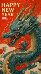 On a red background, it says "Happy New Year" in big bold gold letters with Whimsical Green Wooden Dragon