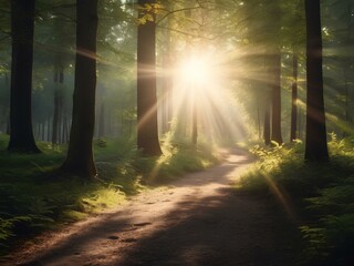 Sonniger Waldweg mit Sonnenreflektion