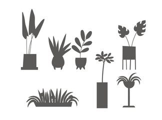 Set of potted plants silhouettes for icons or stickers. Flat style illustration of home flowers black shadows.