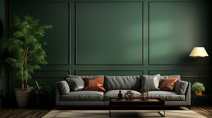 Home mockup, dark green room interior background.