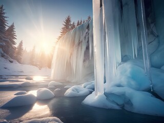 Eisiger gefrorener Wasserfall in kalter Gletscher Umgebung