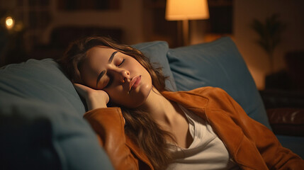 A relaxed serene pretty young woman feel fatigue lounge on comfortable sofa hands behind head rest at home.