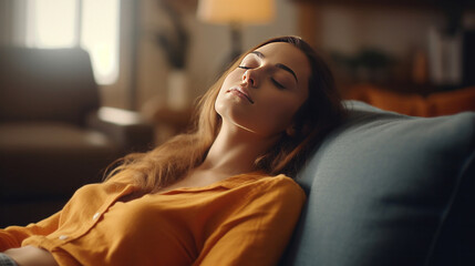 Obraz premium A relaxed serene pretty young woman feel fatigue lounge on comfortable sofa hands behind head rest at home.