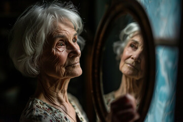 Seventy years old, life goes on, an elderly well-groomed European woman with a short haircut and natural makeup looks at her face in the mirror, she is happy with her reflection