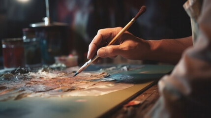Obraz premium Close up hand of a male painter at work painting on canvas in art studio. creation and inspiration at an artists painting studio.