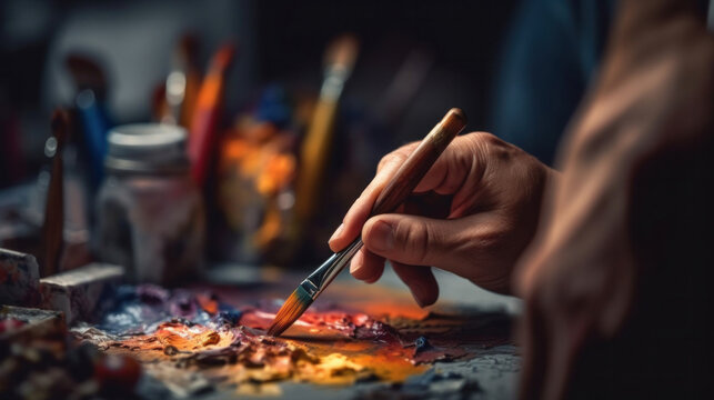 Close up hand of a male painter at work painting on canvas in art studio. creation and inspiration at an artists painting studio.