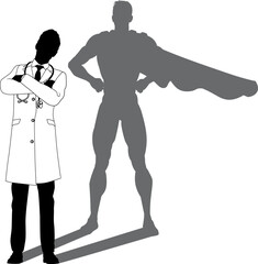 A superhero medical doctor man health care worker revealed by his shadow silhouette as a super hero in a cape.