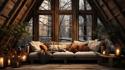 Home mockup, cozy barn interior background.