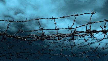 Barbed wire twists around the prison perimeter. - obrazy, fototapety, plakaty