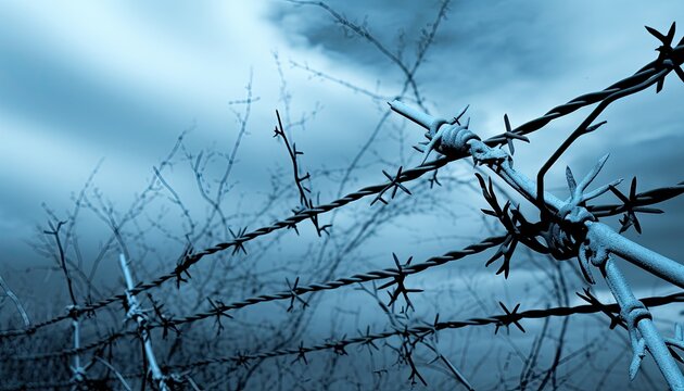 Barbed wire twists around the prison perimeter.