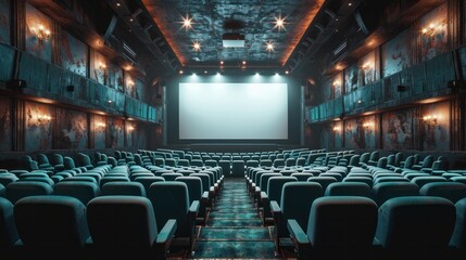 Naklejka premium Cinema Hall with Blue Seats and Blank White Screen