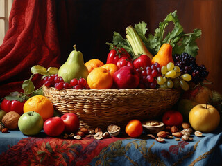 Obraz na płótnie Canvas Festive cornucopia assortment with delicious foods, Seasonal harvest of berries and vegetables