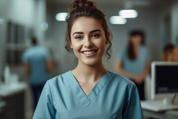 Fototapeta premium Portrait of Smile female medical assistant with clipboard in clinic.