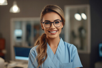 Fototapeta premium Portrait of Smile female medical assistant with clipboard in clinic.