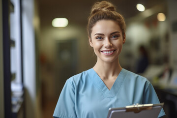 Portrait of Smile female medical assistant with clipboard in clinic.