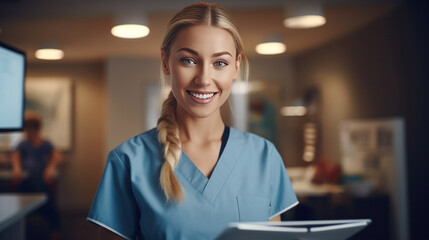 Portrait of Smile female medical assistant with clipboard in clinic.