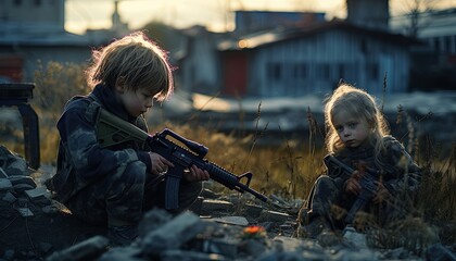 A small child in an empty city destroyed by war, a refugee without a home and parents, stop war and aggression. In hand with a weapon for self-defense
