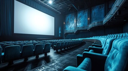 Cinema Hall with Blue Seats and Blank White Screen