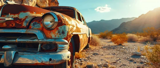 Fototapeten Rusty Vintage Car in Desert Apocalyptic Theme © Custom Media