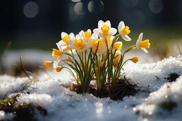 The first spring flowers in the snow in the rays of the sun against a bokeh background. Generated by artificial intelligence