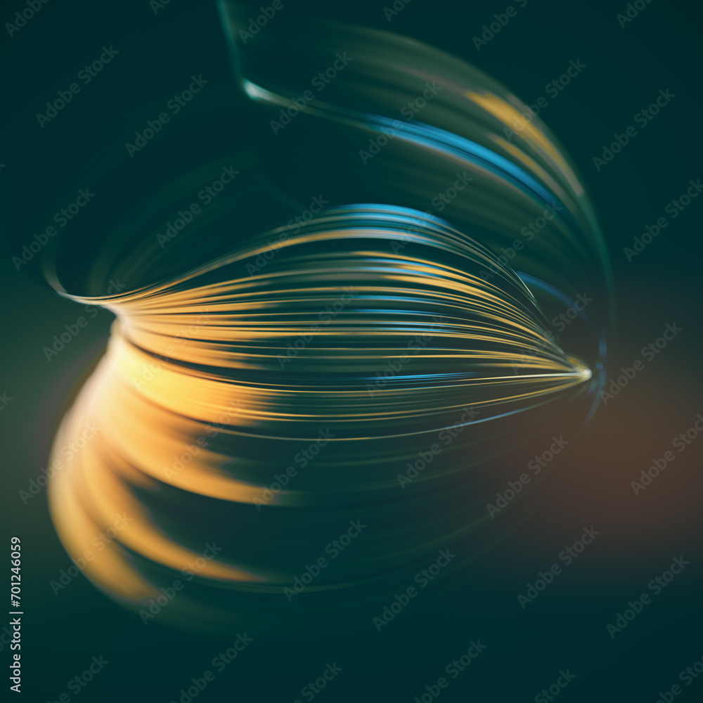 Poster Digital illustration of a metallic twisted sphere on a dark background. 3d rendering